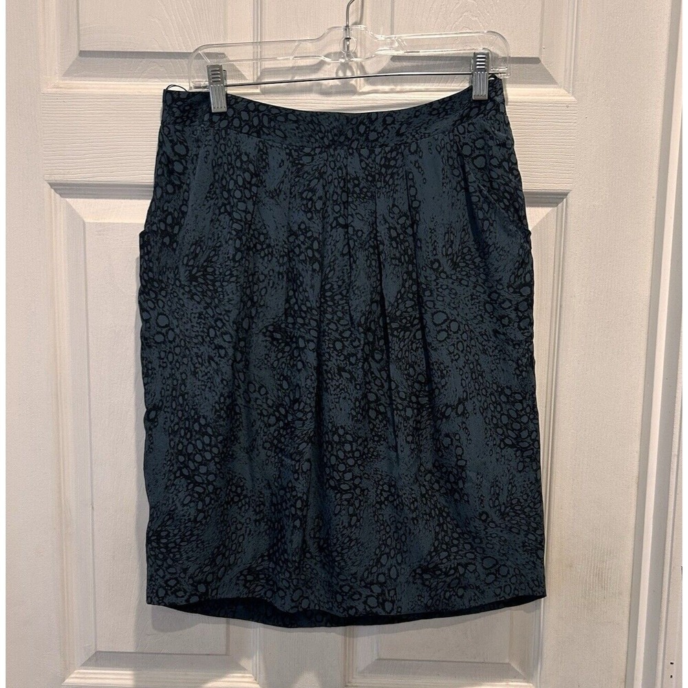Anthro Pyrus London Teal Black Abstract Animal Print 100% Silk Pleated Skirt L